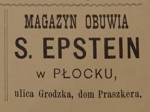 Advertisement of Salomon Epstein's shoe store at 11 Grodzka Street ("Jednodniówka Noworoczna", Płock 1916)